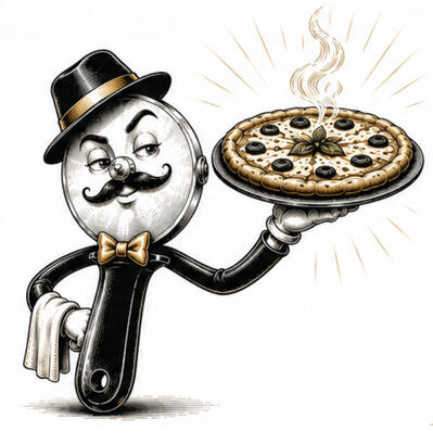Don Casa présentant une pizza fraîchement préparée